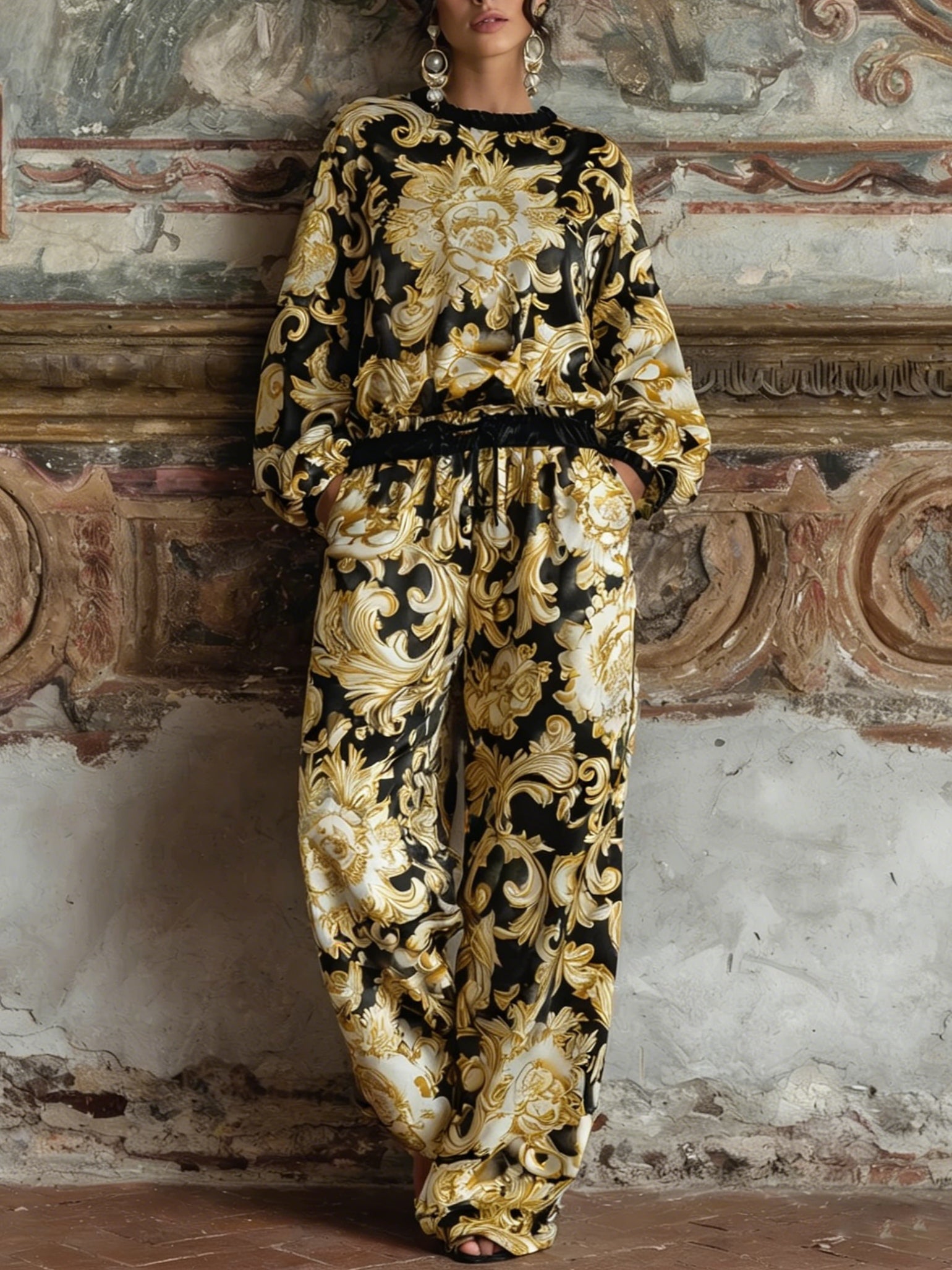 Conjunto de casa con top manga larga floral y pantalón ancho.